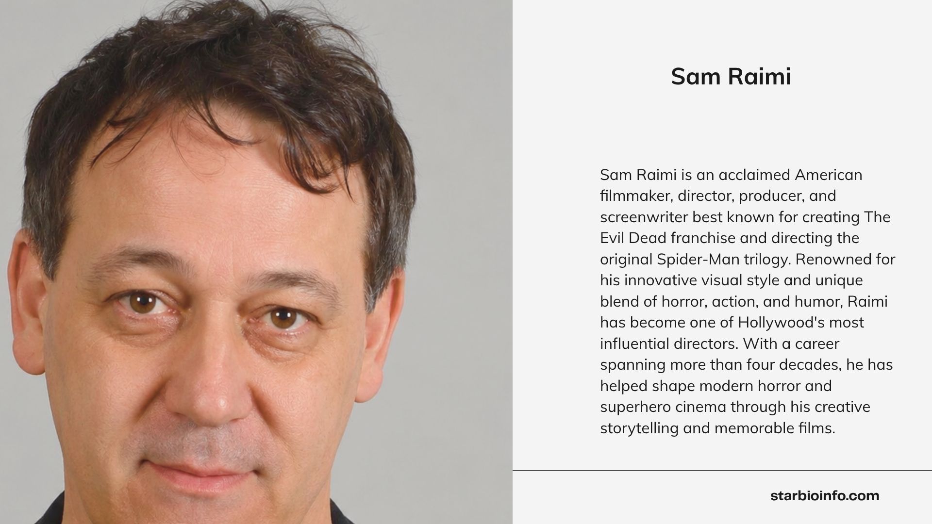 Sam Raimi, American filmmaker, director, producer, and creator of The Evil Dead franchise and Spider-Man trilogy.
