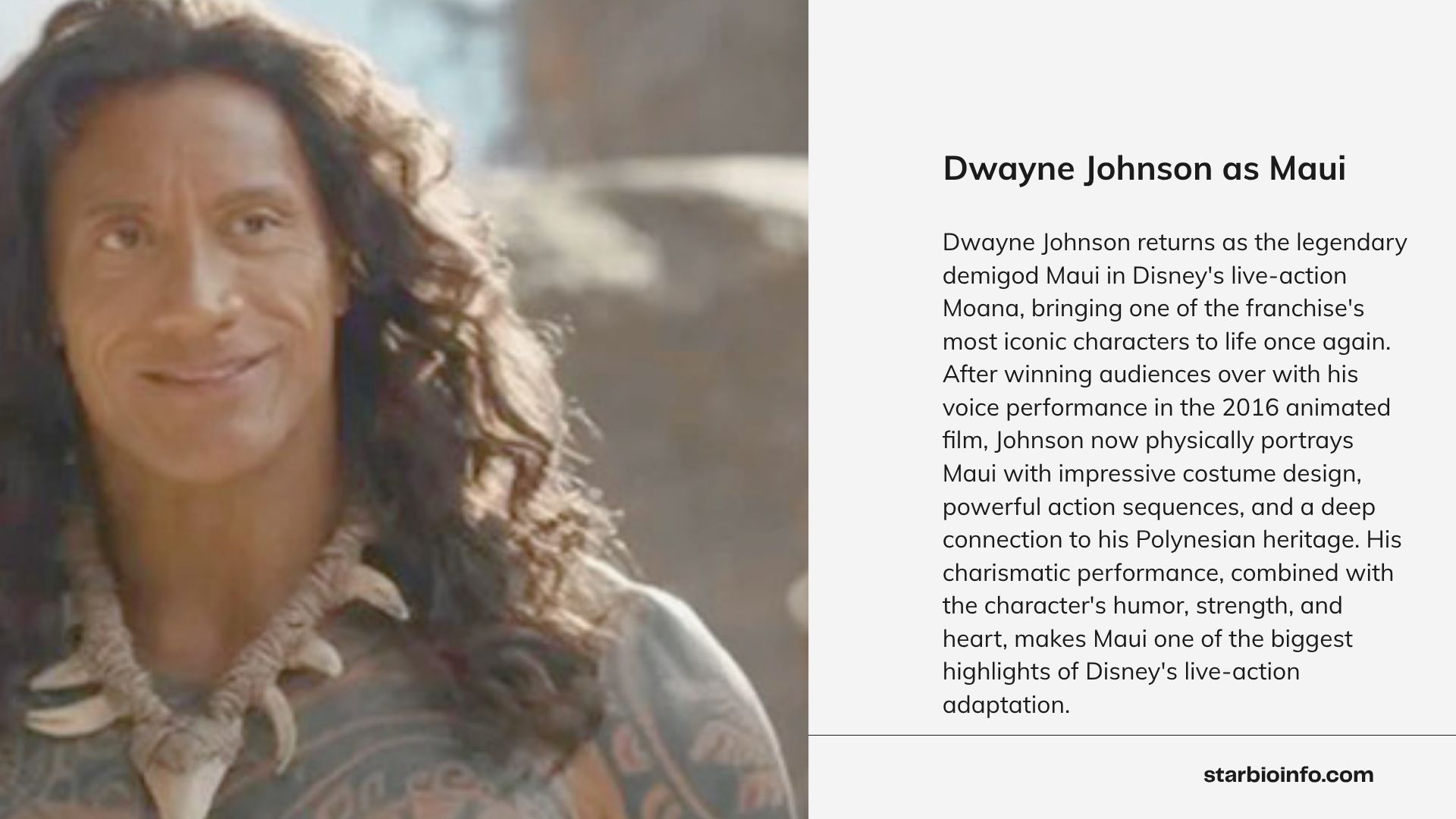Dwayne Johnson portraying Maui in Disney's live-action Moana, wearing traditional Polynesian-inspired costume and carrying the magical fish hook.