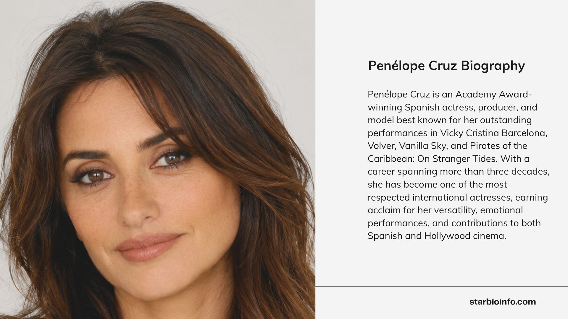 Penélope Cruz, Academy Award-winning Spanish actress known for Vicky Cristina Barcelona, Volver, and Pirates of the Caribbean: On Stranger Tides.