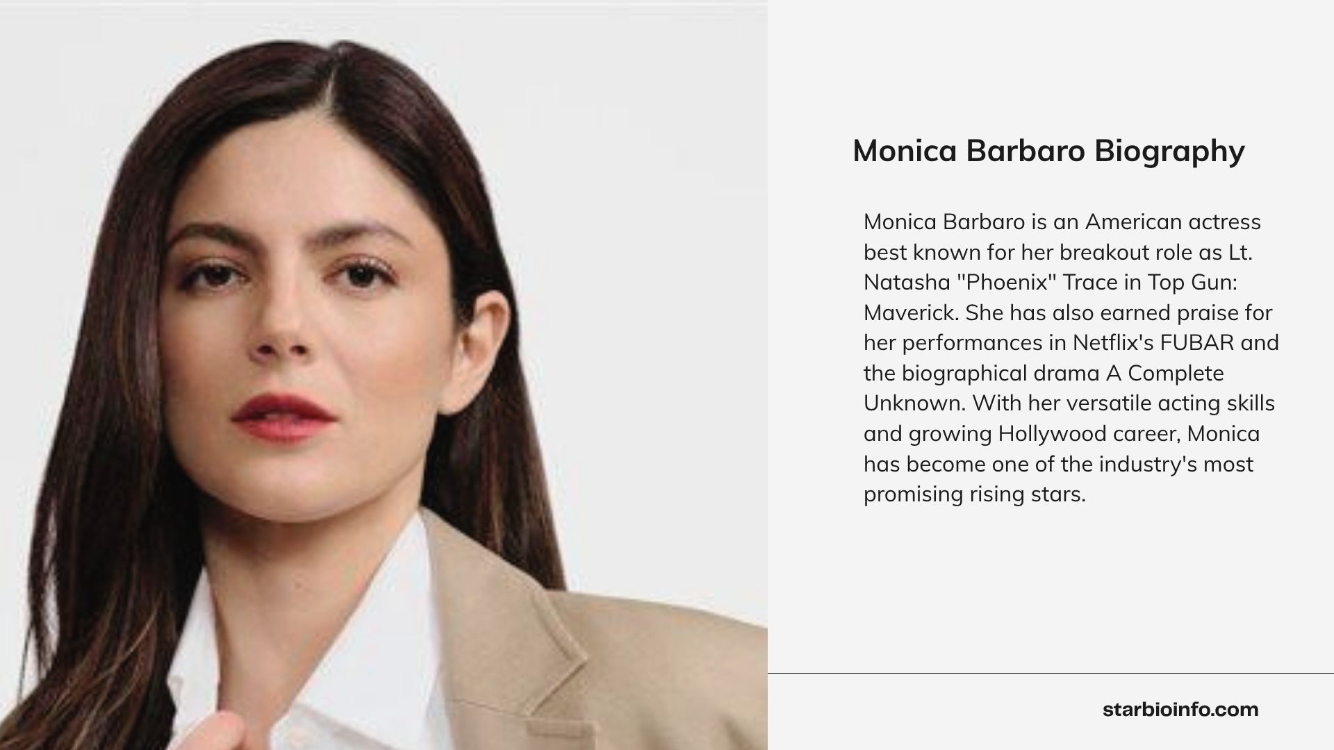 American actress Monica Barbaro, known for Top Gun: Maverick, FUBAR, and A Complete Unknown.