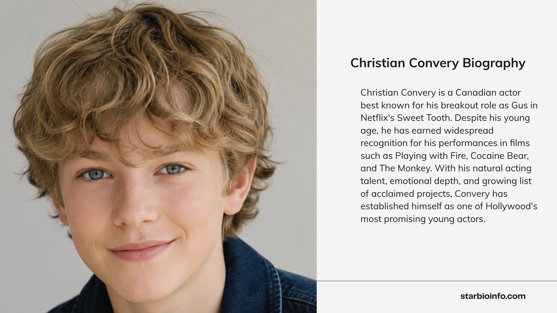 Canadian actor Christian Convery posing for a studio portrait.